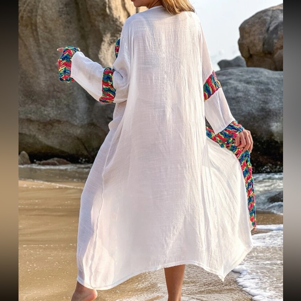 Boho Crochet Trim Kimono Cardi Cover UP White - Picture 3 of 5